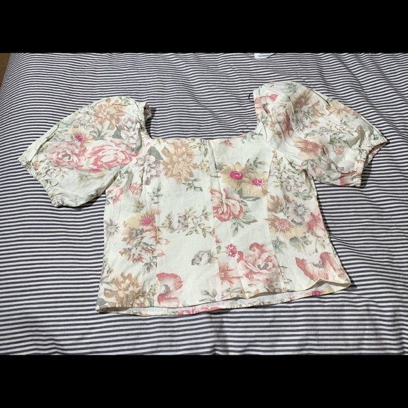 NWT Floral Puff Sleeve Sweetheart Neckline WOMENS Linen Shirt H&M - Picture 4 of 4